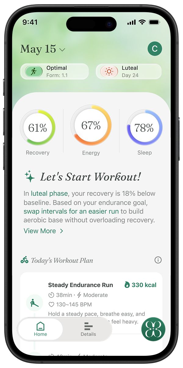 BloomFit app screenshot showing daily readiness and adaptive guidance